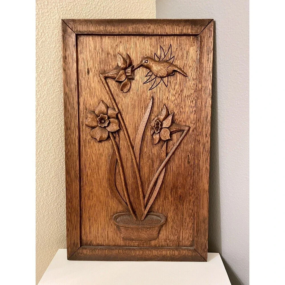 Vintage/RARE Carved Mahogany Wood Panel Bird Flower Wall Art MCM By Steven Nix
